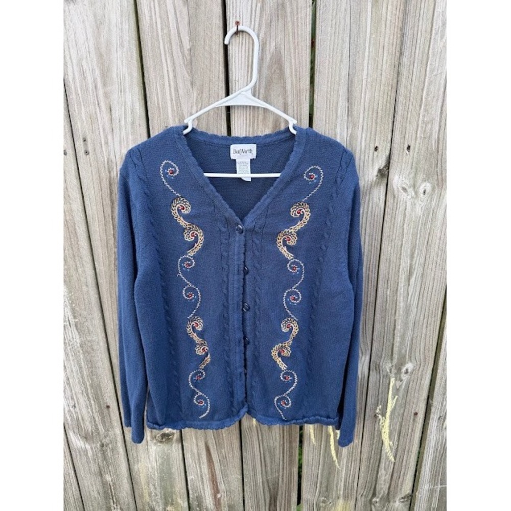 Cottagecore Grandma Core BonWorth Cardigan Large Petite Blue Embroidered Beaded